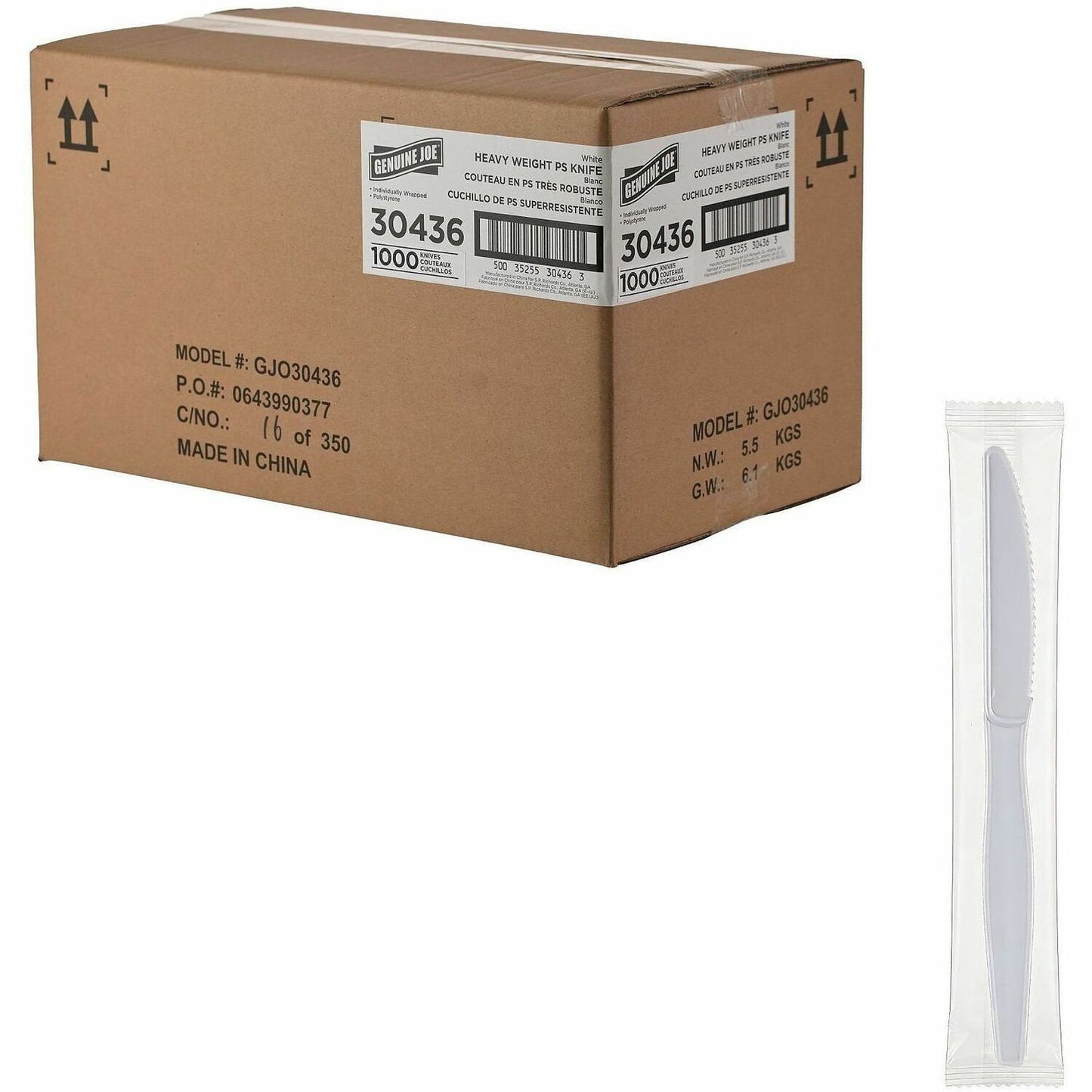 Genuine Joe Individually Wrapped Disposable Polystyrene Knife, White, 1000/Carton (GJO30436)