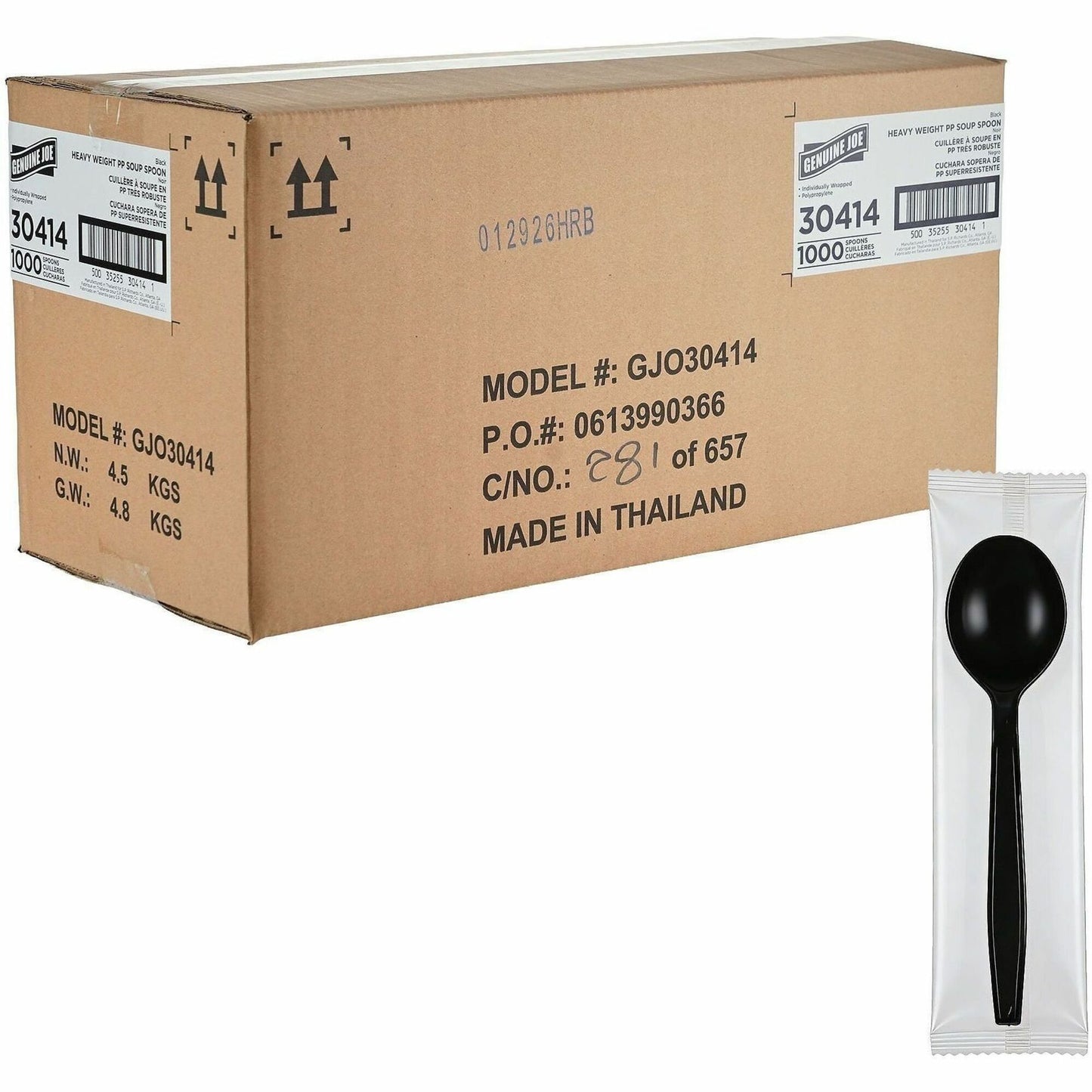 Genuine Joe Individually Warapped Heavy-Weight Polypropylene Soup Spoon, Black, 1000/Carton (GJO30414)
