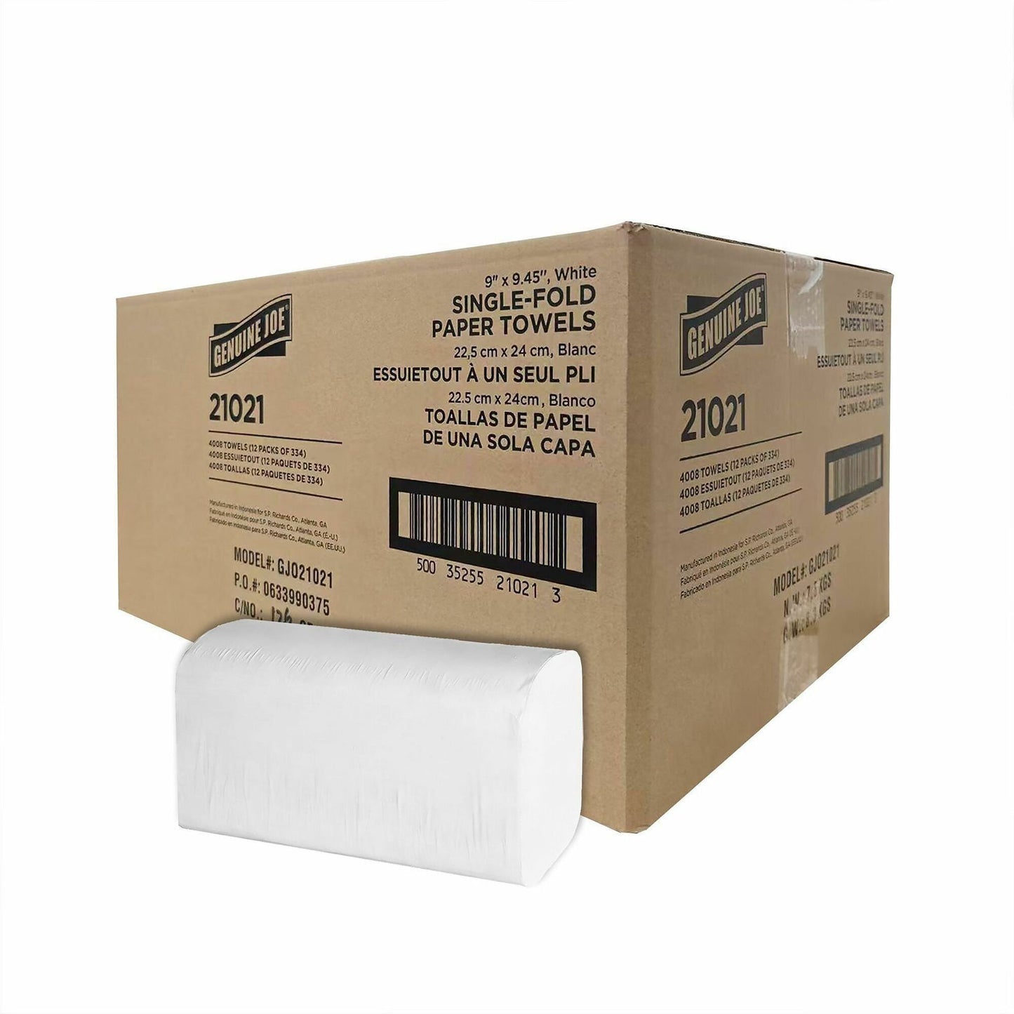 Genuine Joe Single-Fold Towels, Singlefold, White, 334/Pack, 12 Packs/Carton (GJO21021)
