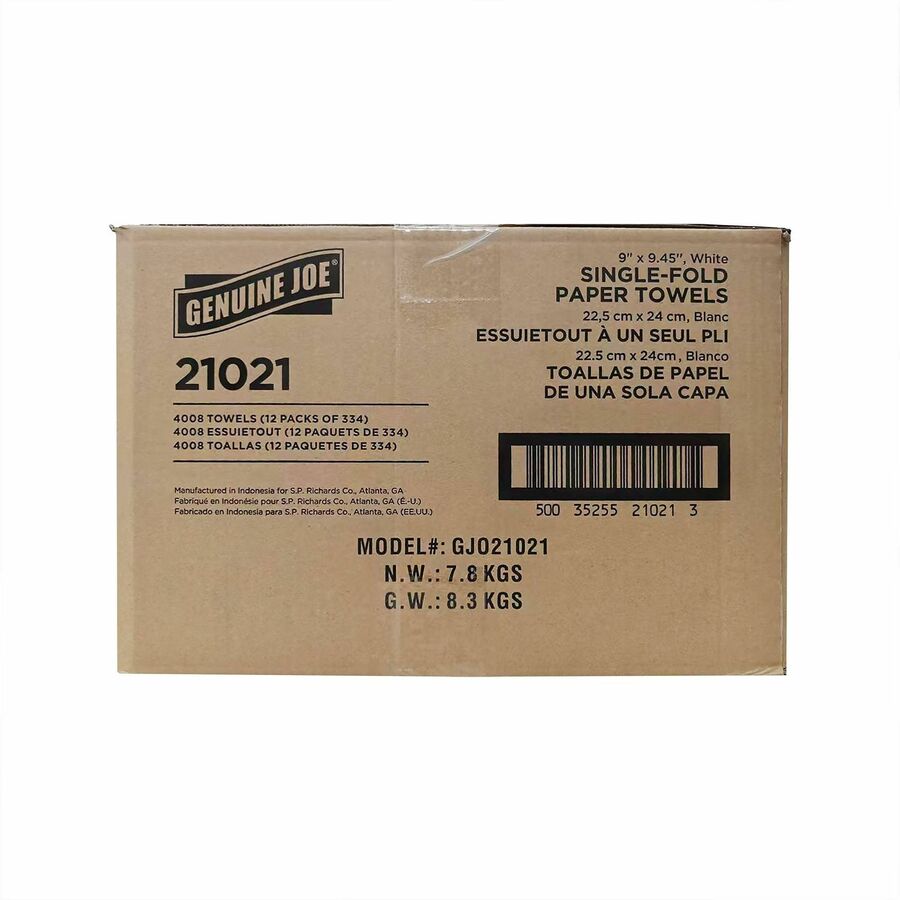 Genuine Joe Single-Fold Towels, Singlefold, White, 334/Pack, 12 Packs/Carton (GJO21021)