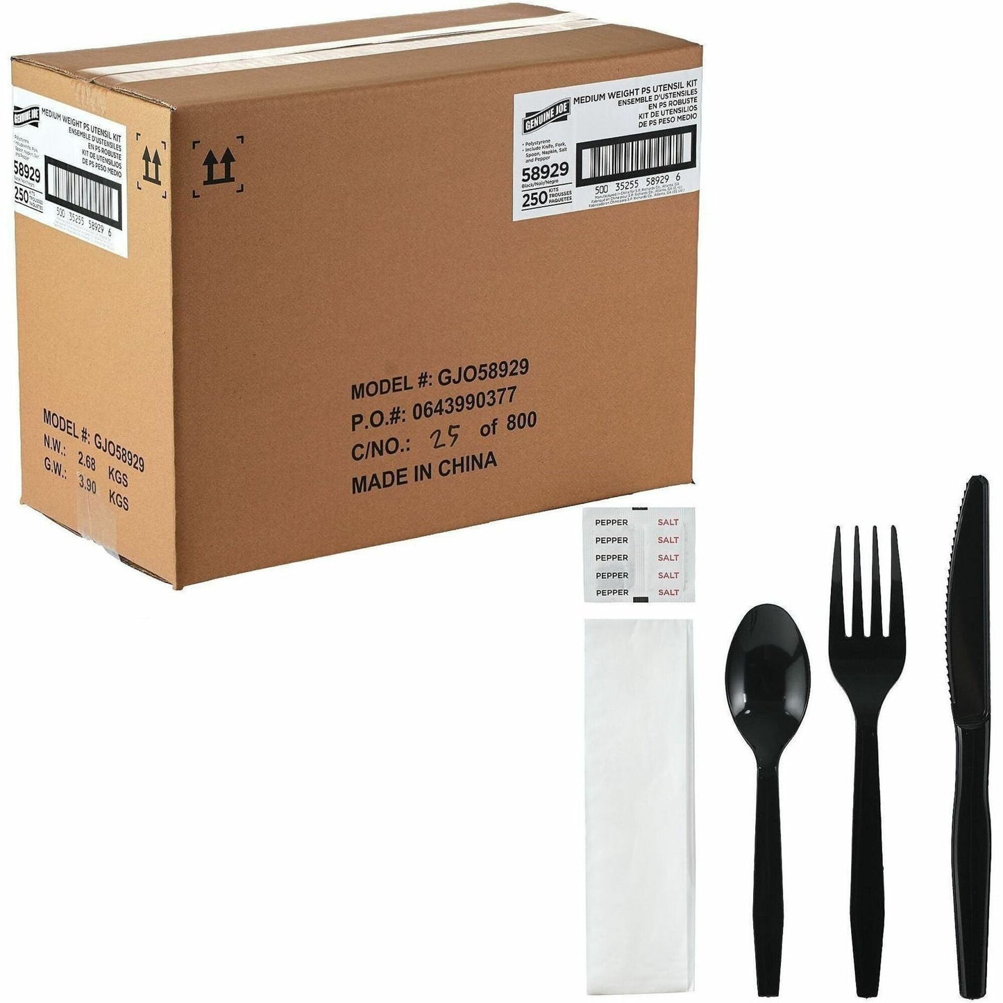 Genuine Joe 6-Piece Medium-Heavyweight Utensil Kit, Black, 250 Kits/Carton (GJO58929)