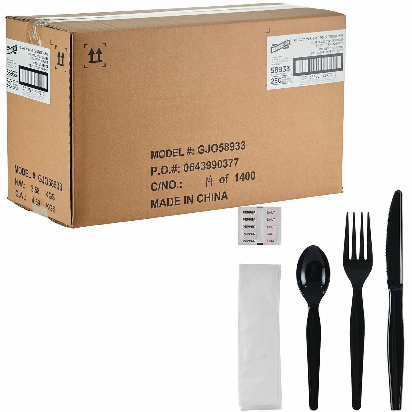 Genuine Joe 6-Piece Heavyweight Utensil Kit, Black, 250 Kits/Carton (GJO58933)