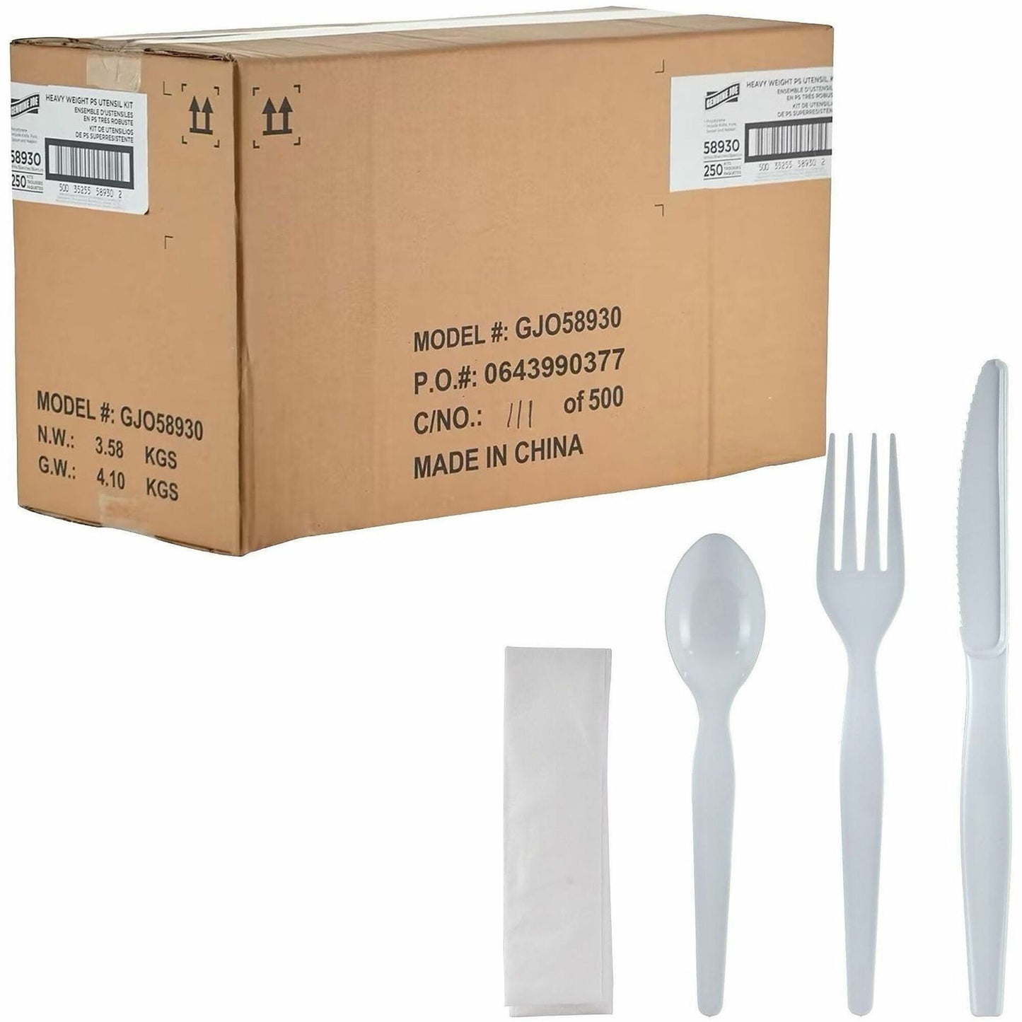 Genuine Joe 4-Piece Heavyweight Utensil Kit, White, 250 Kits/Carton (GJO58930)