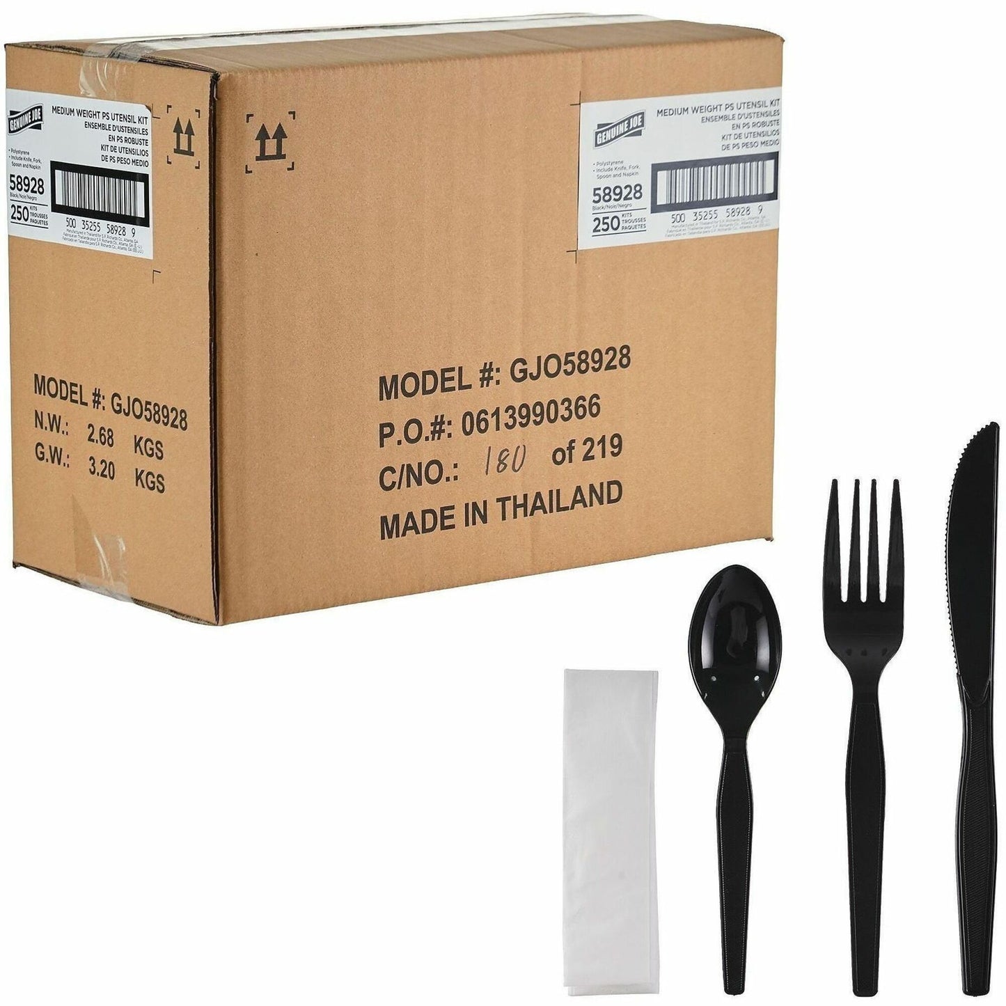 Genuine Joe 4-Piece Medium-Heavyweight Utensil Kit, Black, 250 Kits/Carton (GJO58928)