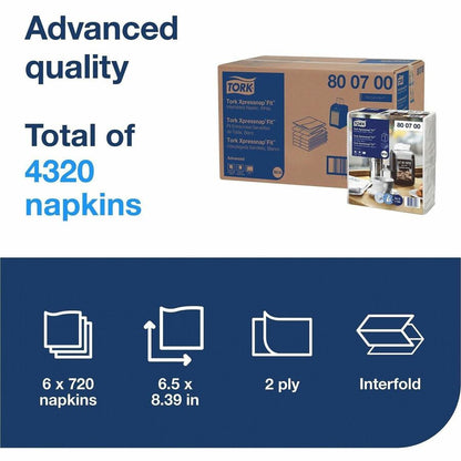 TORK Xpressnap Fit Dispenser Napkins, 2 Ply, Multifold, 6.50" x 8.40", White, 720 Napkins/Pack, 6/Carton (TRK800700)