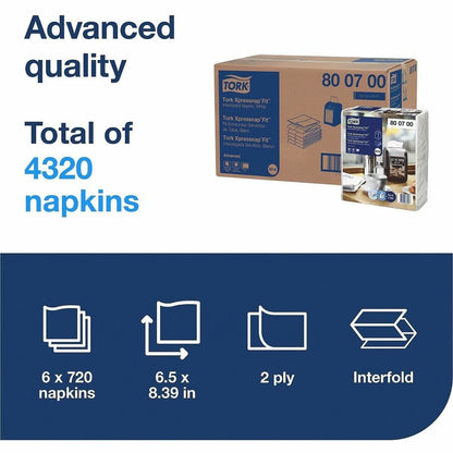 TORK Xpressnap Fit Dispenser Napkins, 2 Ply, Multifold, 6.50" x 8.40", White, 720 Napkins/Pack, 6/Carton (TRK800700)