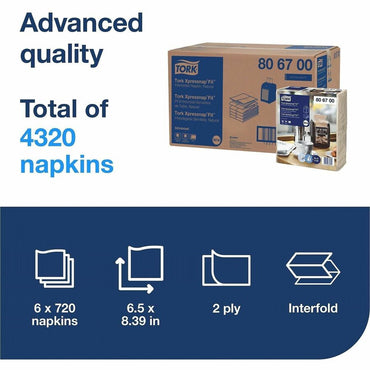 TORK Xpressnap Fit Dispenser Napkins, 2 Ply, Multifold, 6.50" x 8.40", Natural, 720 Napkins/Pack, 6/Carton (TRK806700)