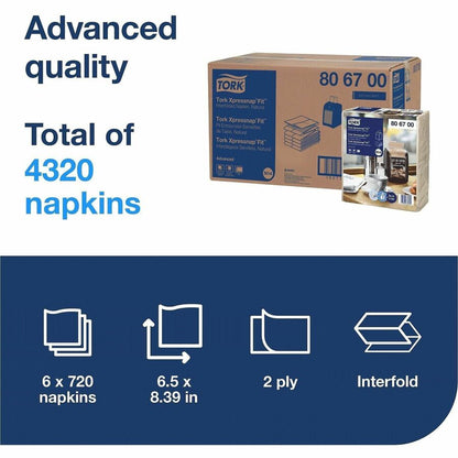 TORK Xpressnap Fit Dispenser Napkins, 2 Ply, Multifold, 6.50" x 8.40", Natural, 720 Napkins/Pack, 6/Carton (TRK806700)