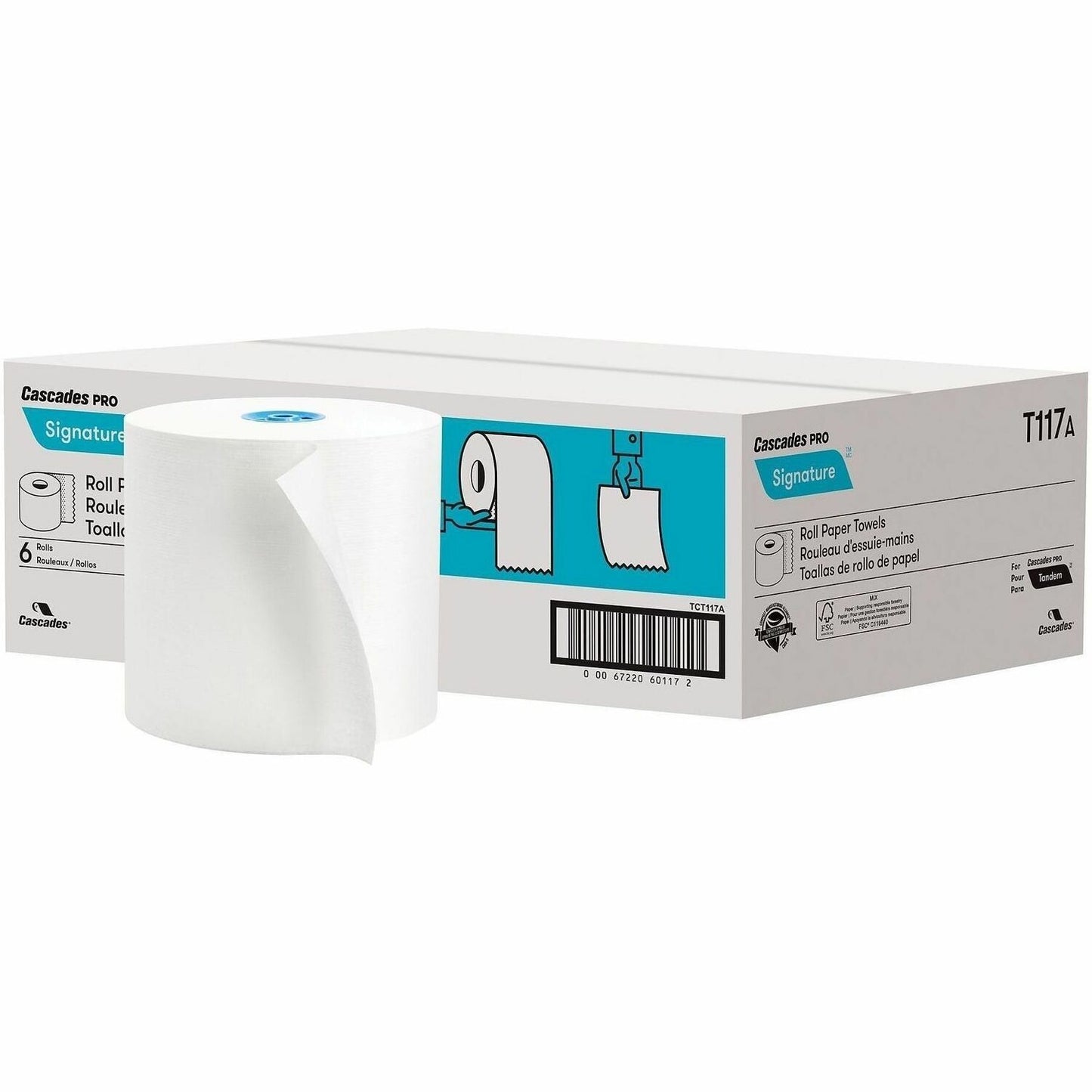Cascades Signature Roll Paper Towels for Tandem, 1 Ply, 7.50" x 1000', 8" Rol, 1 7/8" Core, White, 6/Carton (CSDT117)