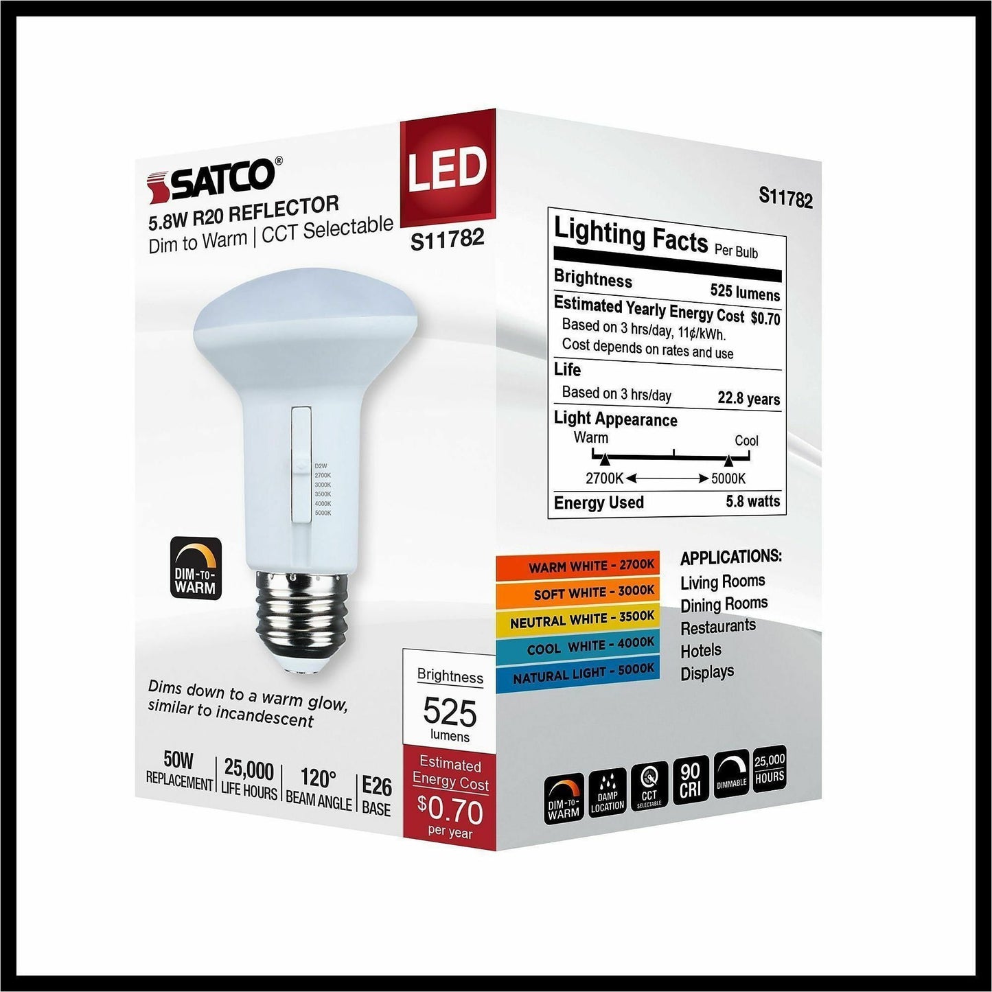 Satco LED R20 Reflector Bulbs, 5.80 W, 50 W Incandescent Equivalent Wattage (SDNS11782)