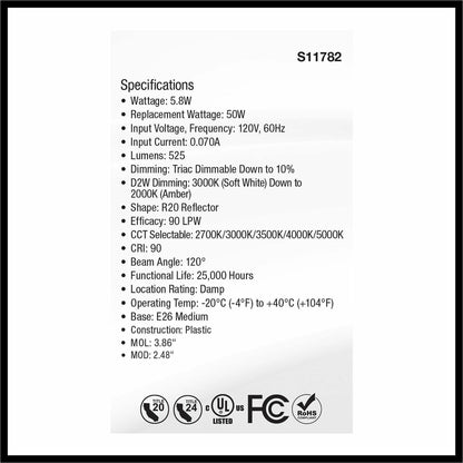 Satco LED R20 Reflector Bulbs, 5.80 W, 50 W Incandescent Equivalent Wattage (SDNS11782)