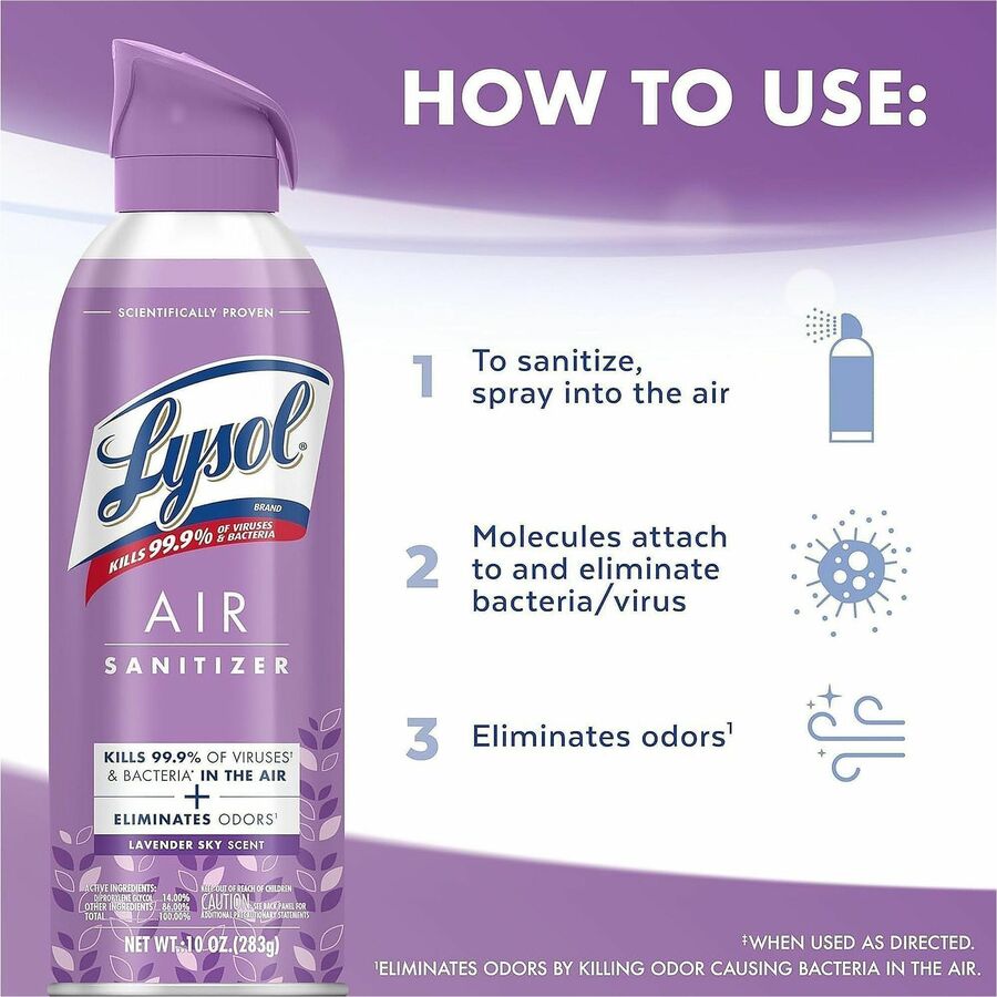 Lysol Air Sanitizer, Spray, 10 fl oz, Lavender Sky, Odor Neutralizer, 6/Carton (RAC56348)