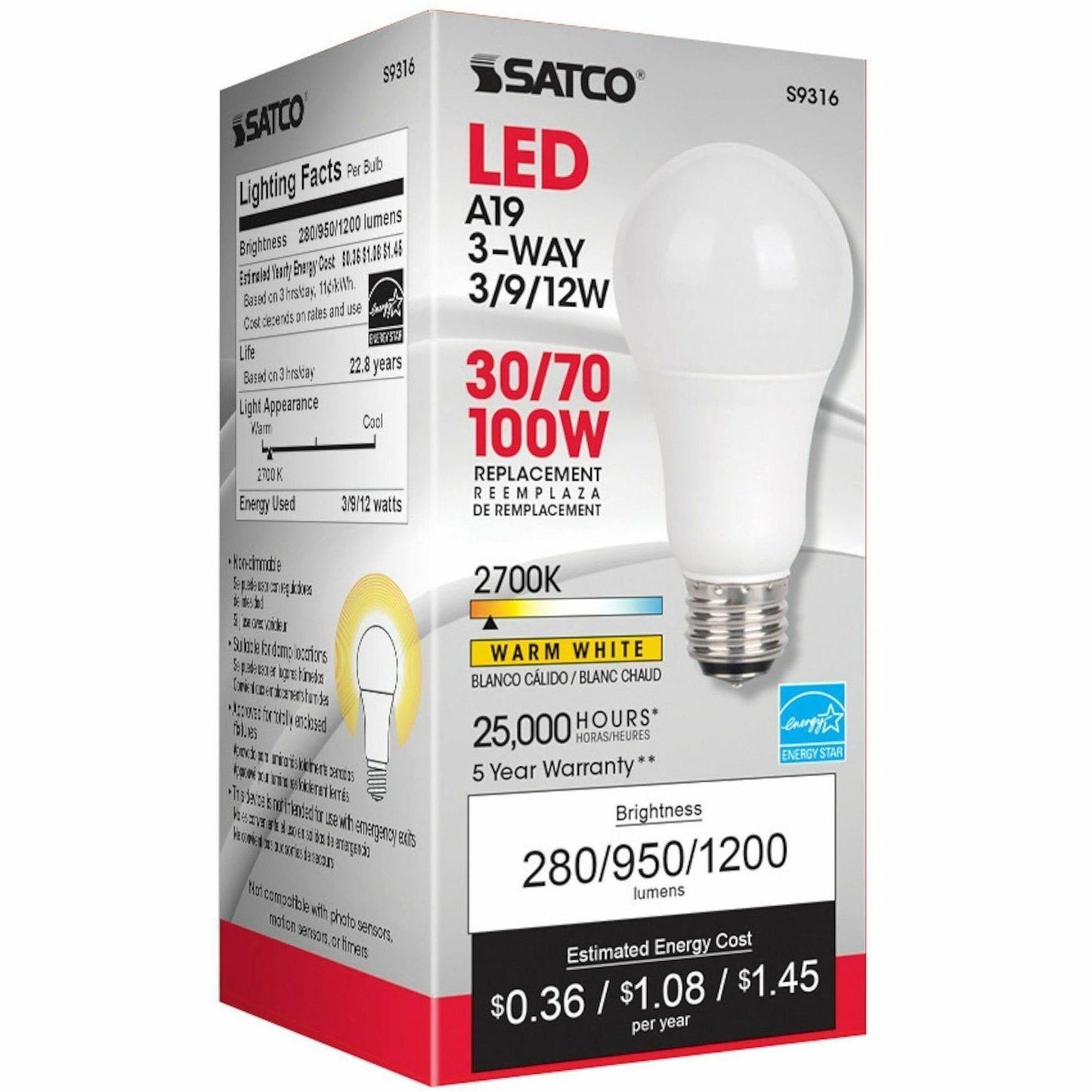 Satco A19 LED Frosted Bulb, 12 W, 100 W Incandescent Equivalent Wattage (SDNS9316)