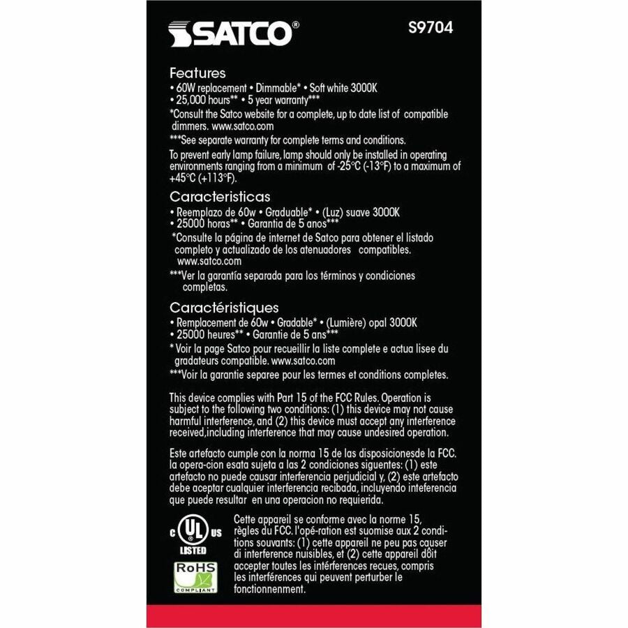 Satco A19 LED Frosted Bulb, 10 W, 60 W Incandescent Equivalent Wattage (SDNS9704)