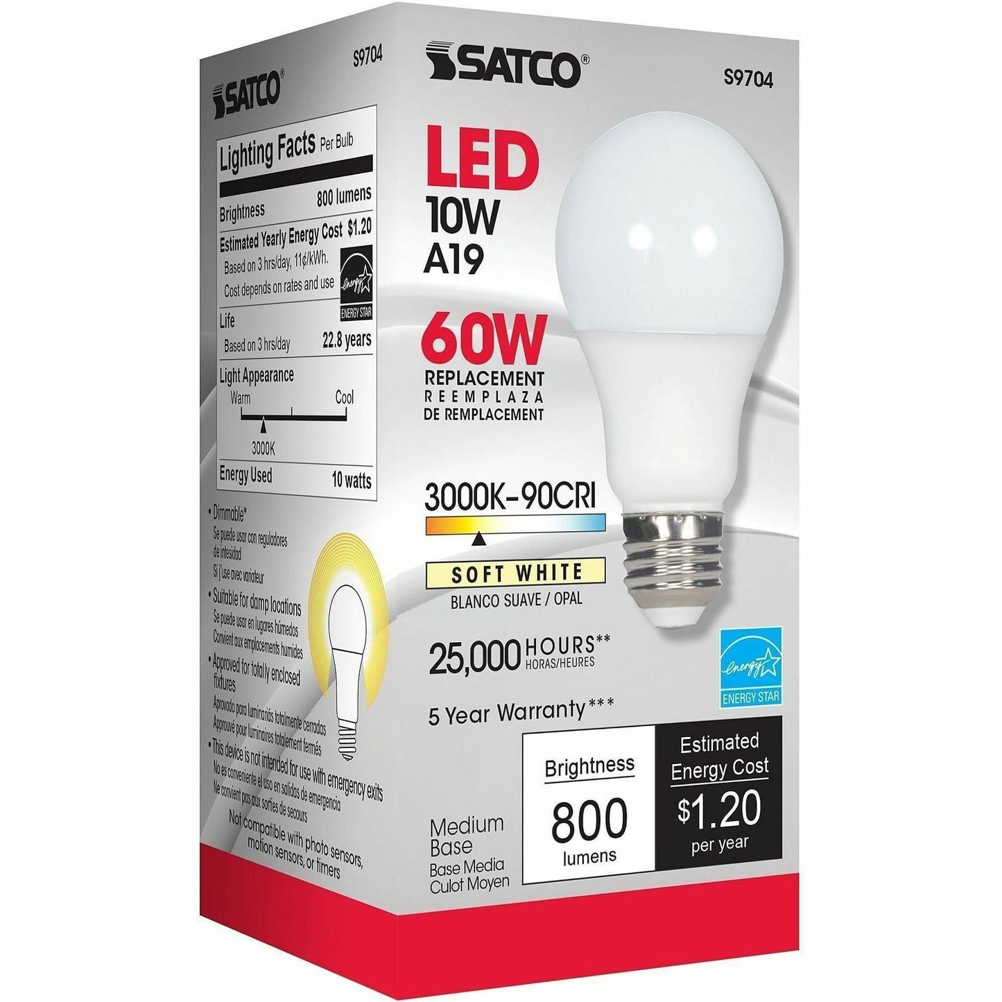 Satco A19 LED Frosted Bulb, 10 W, 60 W Incandescent Equivalent Wattage (SDNS9704)