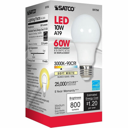 Satco A19 LED Frosted Bulb, 10 W, 60 W Incandescent Equivalent Wattage (SDNS9704)
