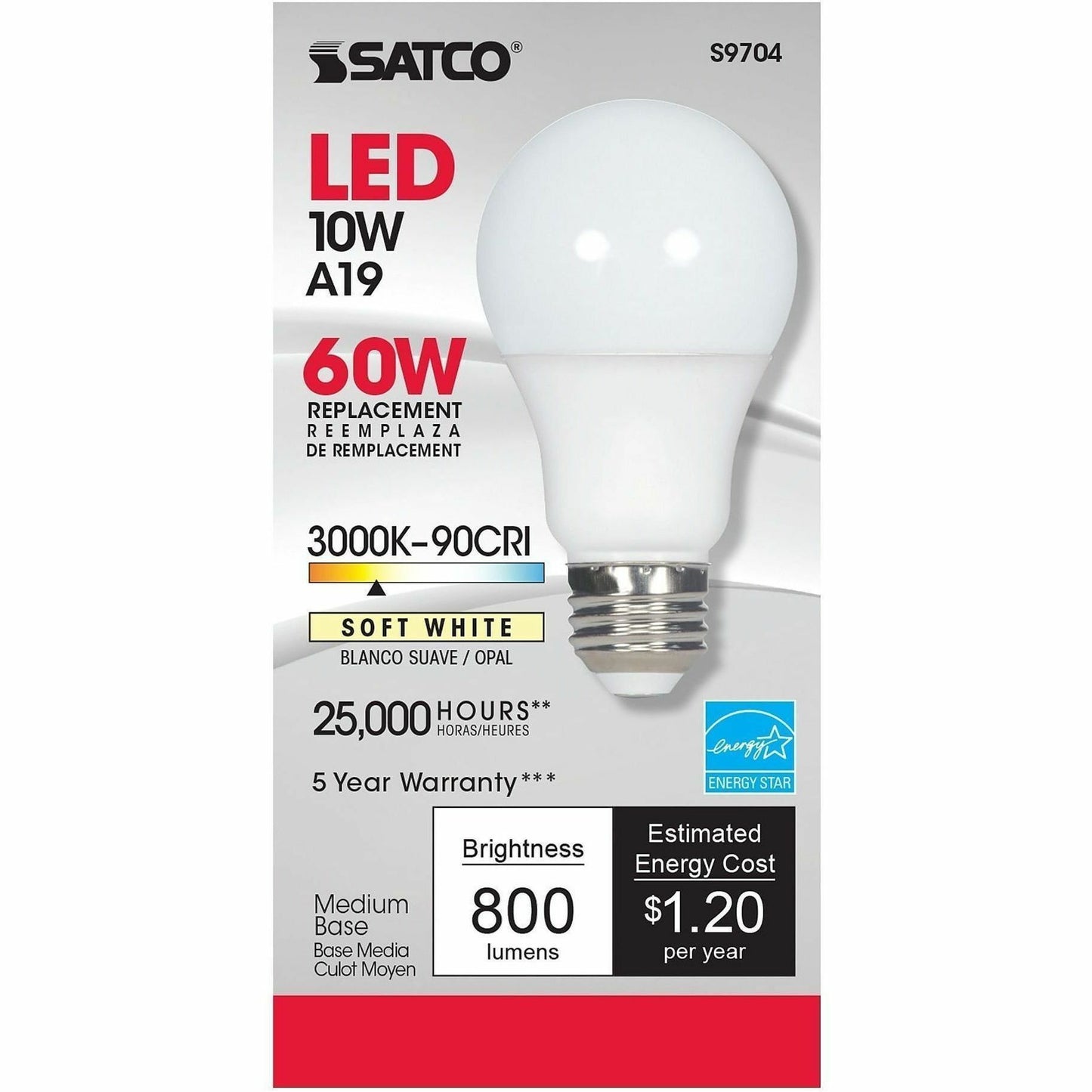 Satco A19 LED Frosted Bulb, 10 W, 60 W Incandescent Equivalent Wattage (SDNS9704)