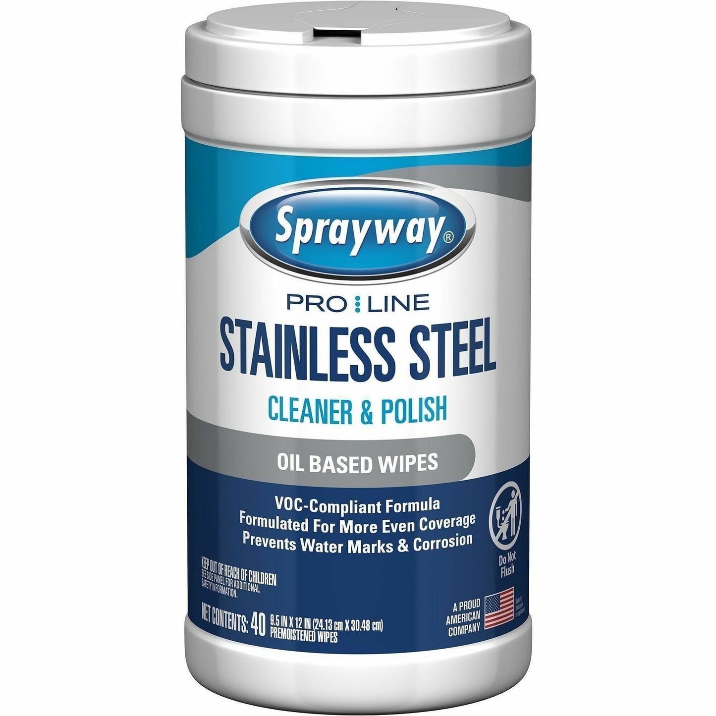 Sprayway ProLine Stainless Steel Cleaner & Polish Wipes, 40 Wipes/Tub, 6/Carton (CGCSW993)