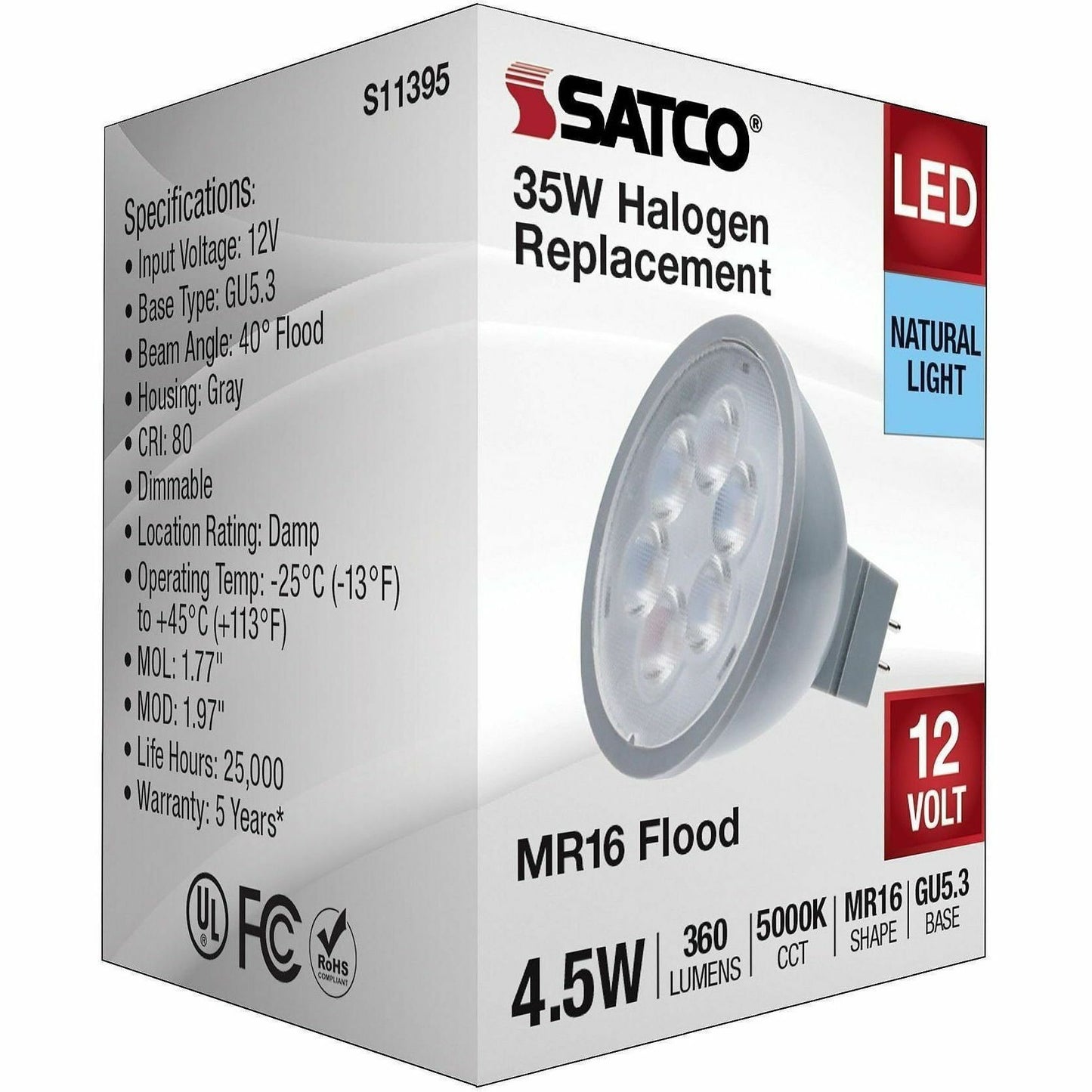 Satco LED MR16 Lightbulb, 4.50 W, 35 W Incandescent Equivalent Wattage (SDNS11395)