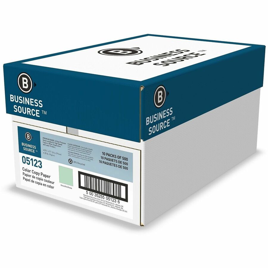 Business Source Multipurpose Color Paper, Letter, 8 1/2" x 11", 20 lb Basis Weight, Green, 500 Sheets/Ream, 10 Reams/Carton (BSN05123)