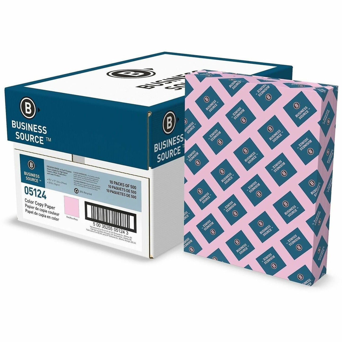Business Source Multipurpose Color Paper, Letter, 8 1/2" x 11", 20 lb Basis Weight, Pink, 500 Sheets/Ream, 10 Reams/Carton (BSN05124)