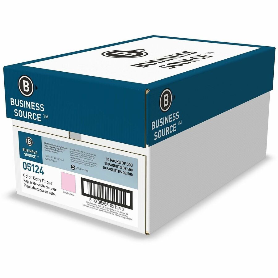 Business Source Multipurpose Color Paper, Letter, 8 1/2" x 11", 20 lb Basis Weight, Pink, 500 Sheets/Ream, 10 Reams/Carton (BSN05124)