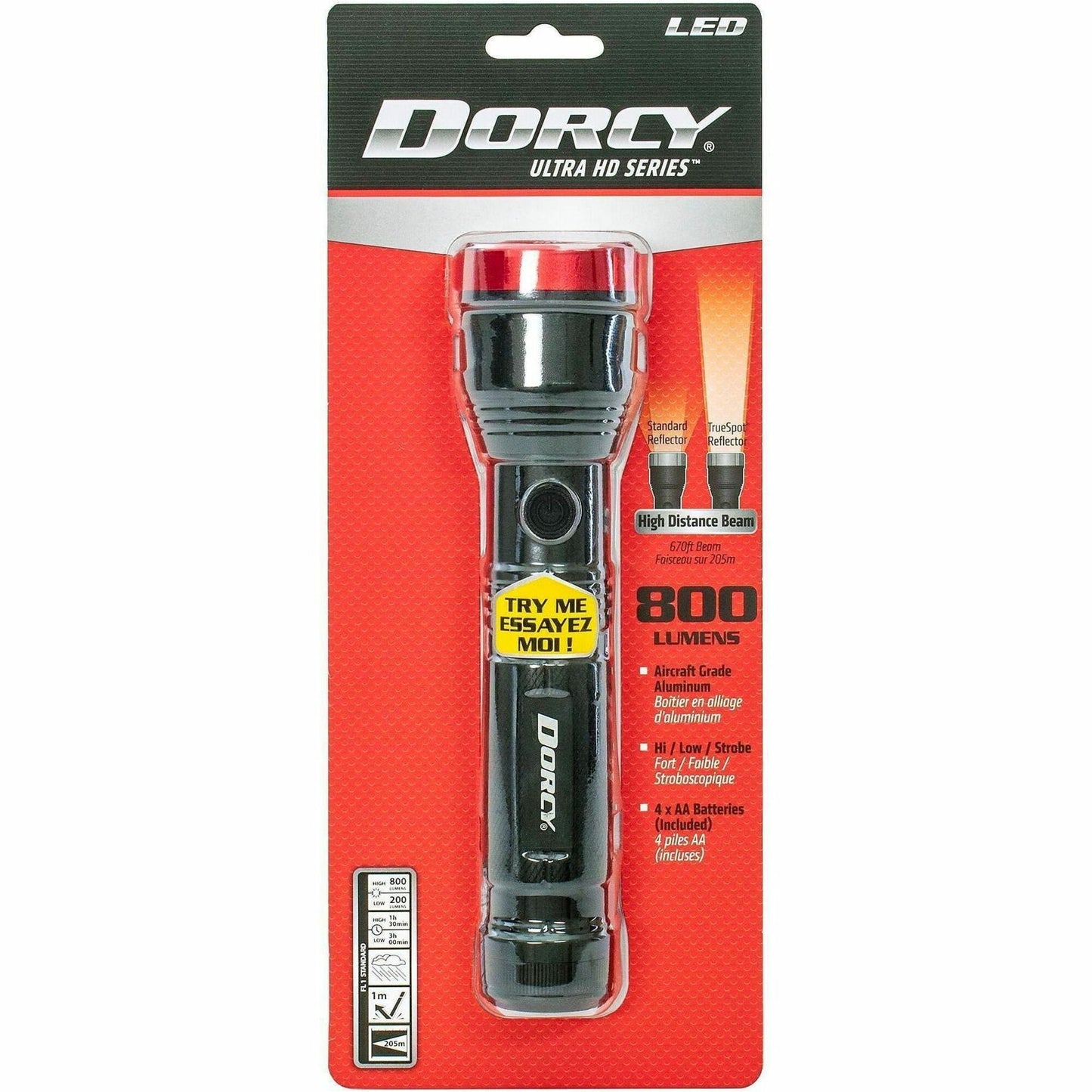 Dorcy Ultra HD Series Flashlight, LED, 800 lm Lumen, 4 x AA, Black, Red  (DCY414331)