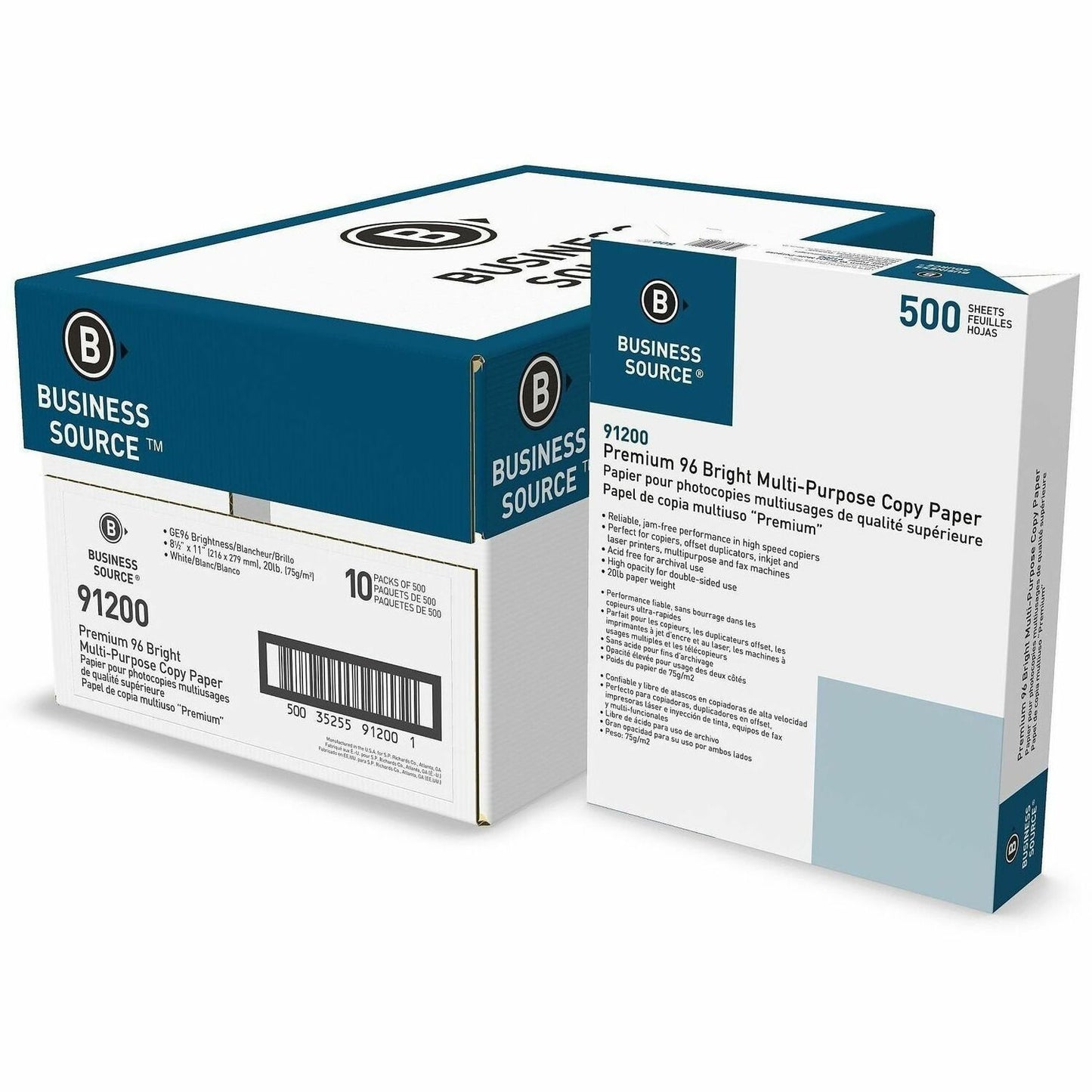 Business Source Premium Multi-purpose Copy Paper, 96 Brightness, 8 1/2" x 11", 20 lb Basis Weight, White, 500 Sheets/Ream, 10 Reams/Carton (BSN91200)