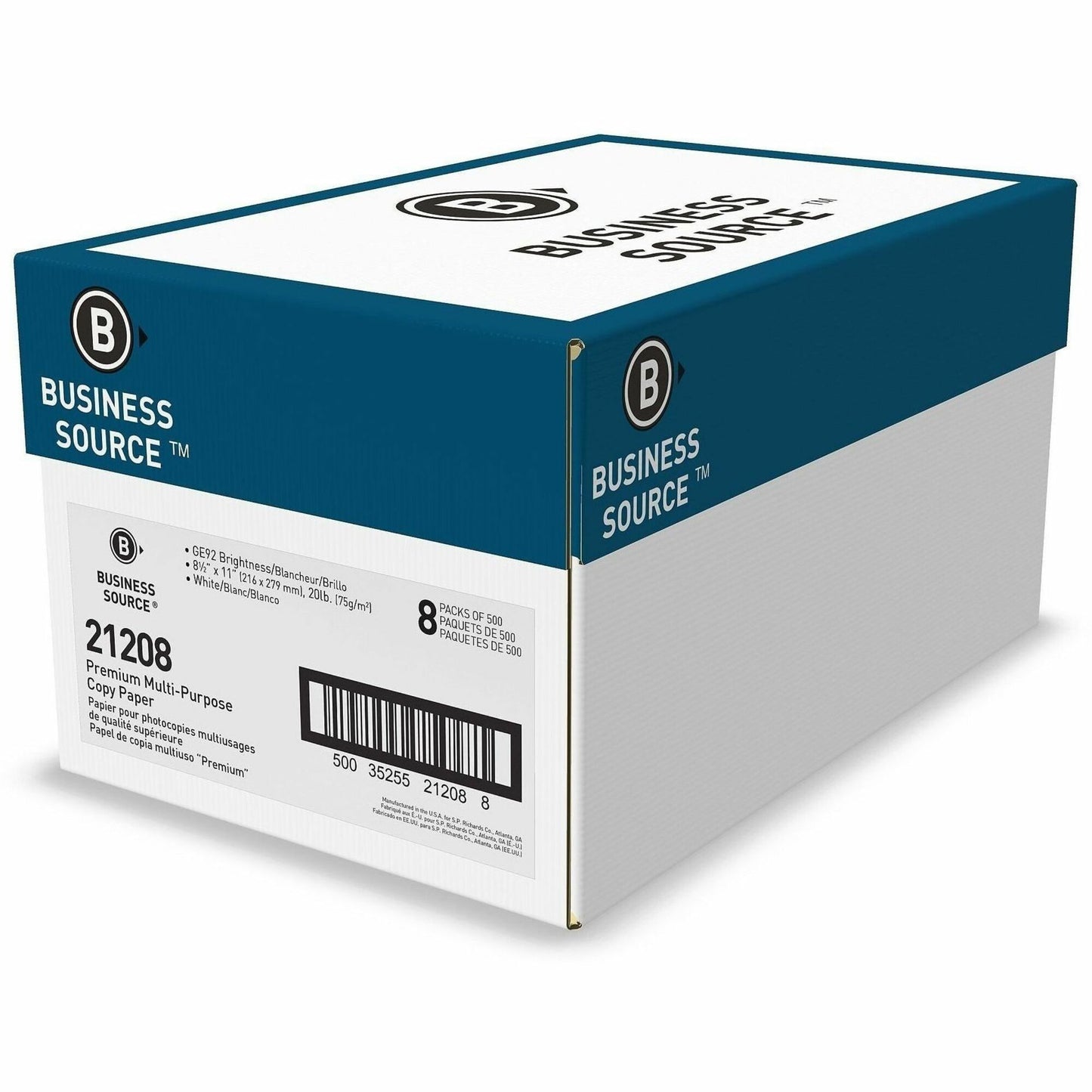 Business Source Premium Multi-purpose Copy Paper, 92 Brightness, Letter, 8 1/2" x 11", 20 lb Basis Weight, 500 Sheets/Ream, 8 Reams/Carton (BSN21208)