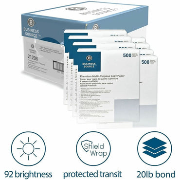 Business Source Premium Multi-purpose Copy Paper, 92 Brightness, Letter, 8 1/2" x 11", 20 lb Basis Weight, 500 Sheets/Ream, 8 Reams/Carton (BSN21208)