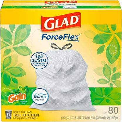 Glad Drawstring Tall Kitchen Bags, Gain Original, 13 gal Capacity, 9 mil Thickness, 100 Bags/Box, 3/Carton (CLO78750)