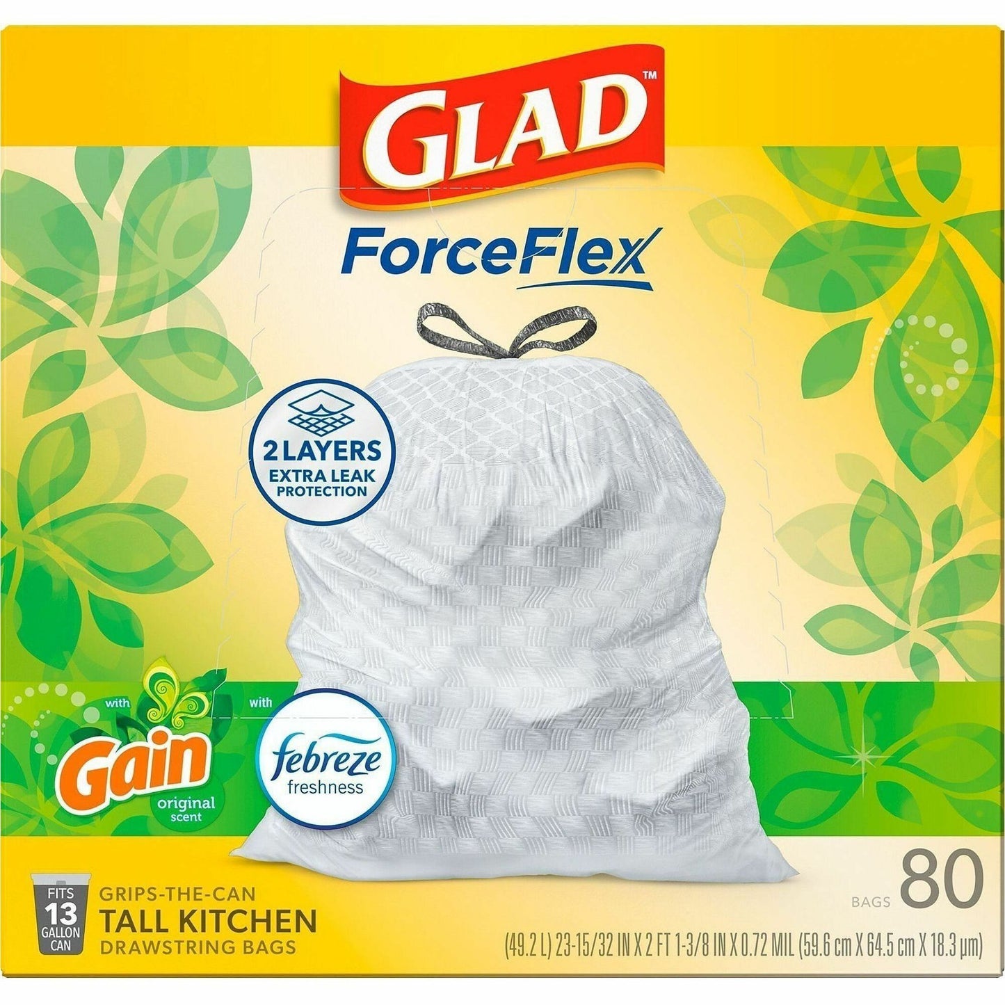Glad Drawstring Tall Kitchen Bags, Gain Original, 13 gal Capacity, 9 mil Thickness, 100 Bags/Box, 3/Carton (CLO78750)