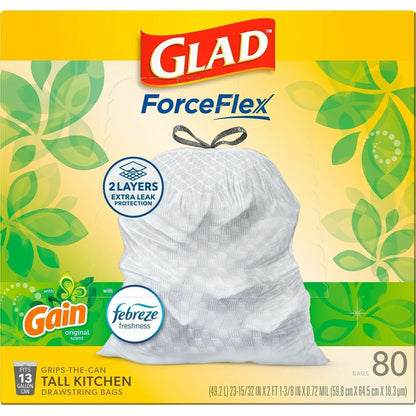 Glad Drawstring Tall Kitchen Bags, Gain Original, 13 gal Capacity, 9 mil Thickness, 100 Bags/Box, 3/Carton (CLO78750)