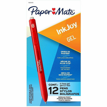 Paper Mate InkJoy Gel Pen, Red Ink, 0.7 mm Pen Point, Retractable, Gel-based, 12/Dozen (PAP1953047A)
