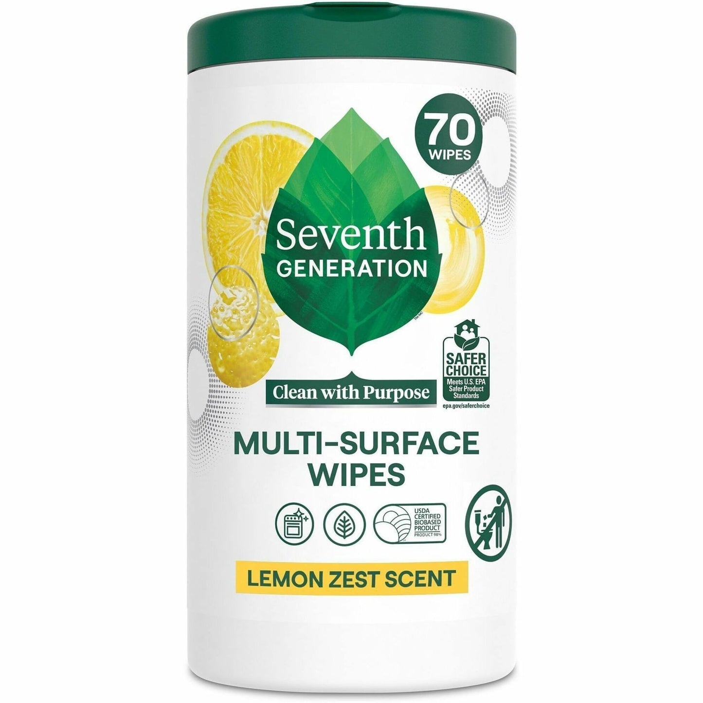 Seventh Generation Multipurpose Wipes, Lemon Zest Scent, 70 Wipes/Tub, 6/Carton (SEV44998CT)