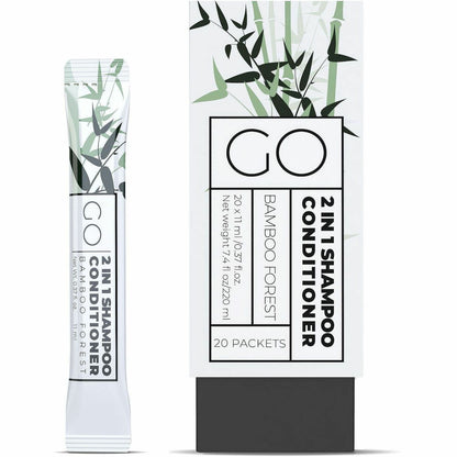 Go Essentials Travel-Size 2-in-1 Shampoo/Conditioner Packets, Fresh Clean, Bamboo Forest Scent, 0.4 fl oz, 20/Pack (GMHSC20)