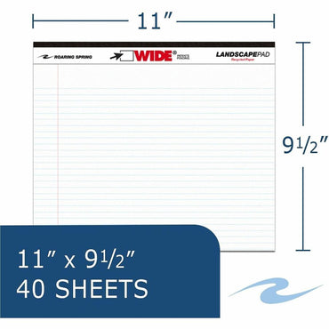 Roaring Spring Wide Landscape White Writing Pads, 0.28" Ruled, 20 lb Basis Weight, Legal, 11" x 9 1/2", Red Margin, 4/Carton (ROA74500CT)