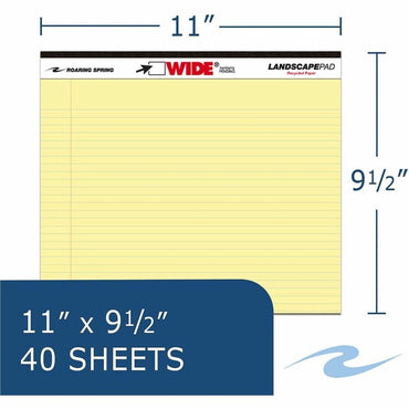 Roaring Spring Wide Landscape Canary Writing Pads, 0.28" Ruled, 20 lb Basis Weight, Legal, 11" x 9 1/2", Red Margin, 4/Carton (ROA74501CT)