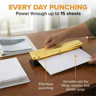 Bostitch 3-hole Punch, 9/32" Punch Size, Gold, 3 Punch Head(s), 15 Sheet, Metal, Rubber, Steel (BOSHP15GOLD)