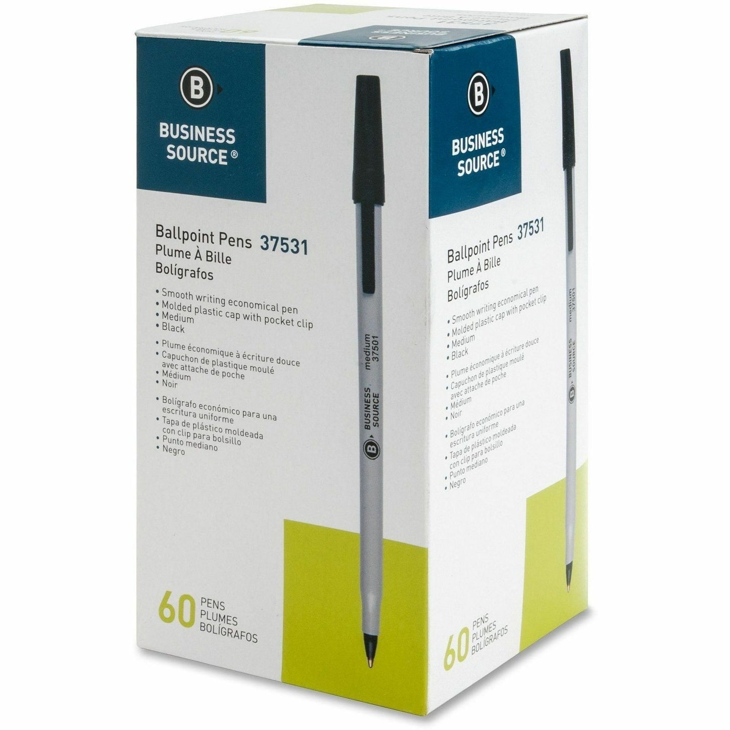 Business Source Ballpoint Stick Pens, Medium Pen Point, Black Ink, 60/Box, 8 Boxes/Carton (BSN37531CT)