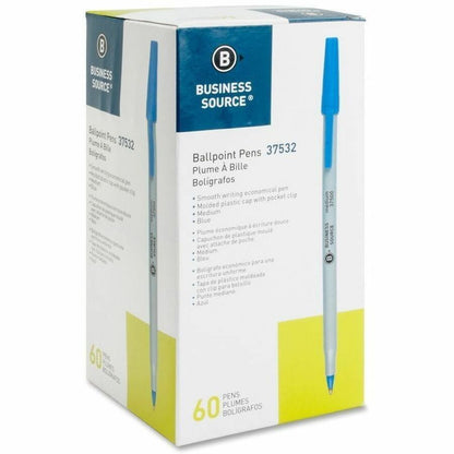 Business Source Ballpoint Stick Pens, Medium Pen Point, Blue Ink, 60/Box, 8 Boxes/Carton (BSN37532CT)