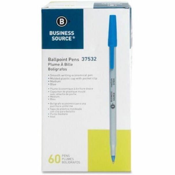 Business Source Ballpoint Stick Pens, Medium Pen Point, Blue Ink, 60/Box, 8 Boxes/Carton (BSN37532CT)