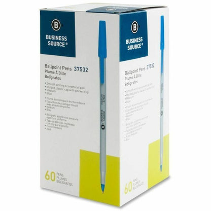 Business Source Ballpoint Stick Pens, Medium Pen Point, Blue Ink, 60/Box, 8 Boxes/Carton (BSN37532CT)