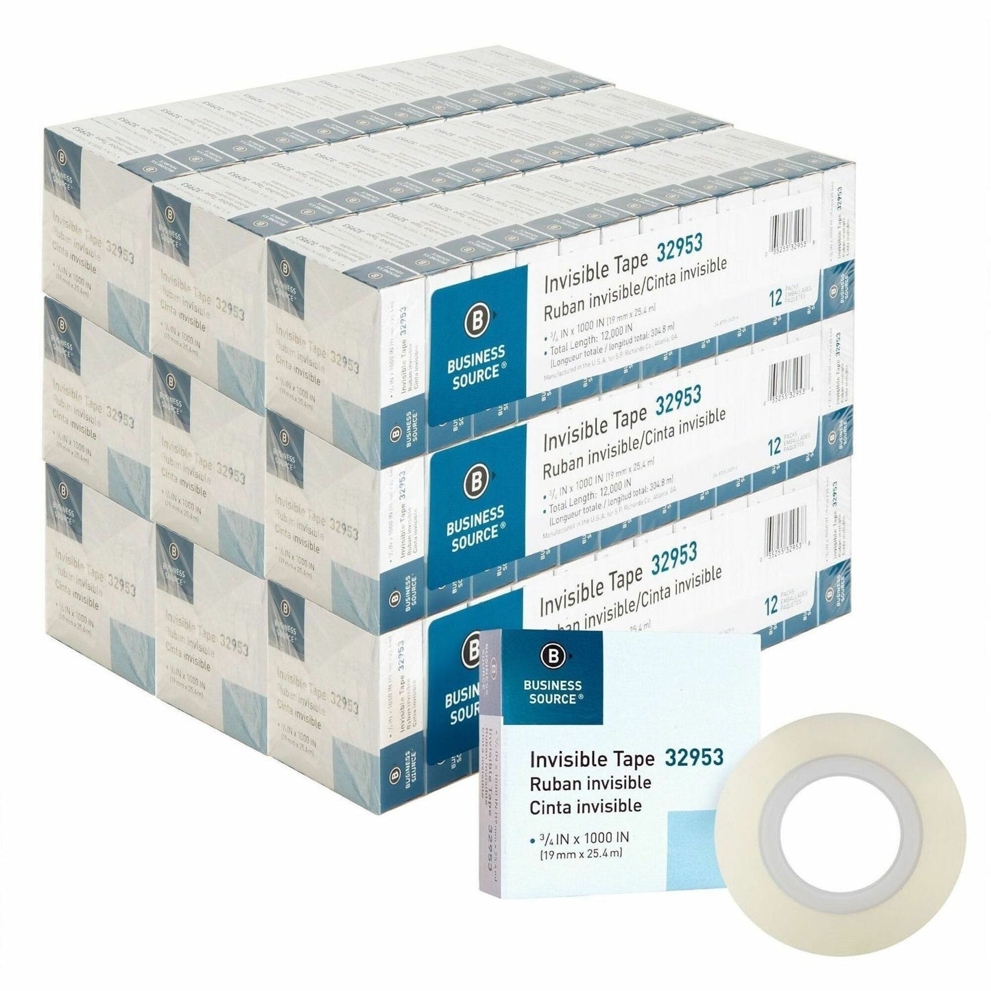 Business Source Premium Invisible Tape Value Pack, 27.78 yd Length x 0.75" Width, 1" Core, 12/Carton (BSN32953CT)