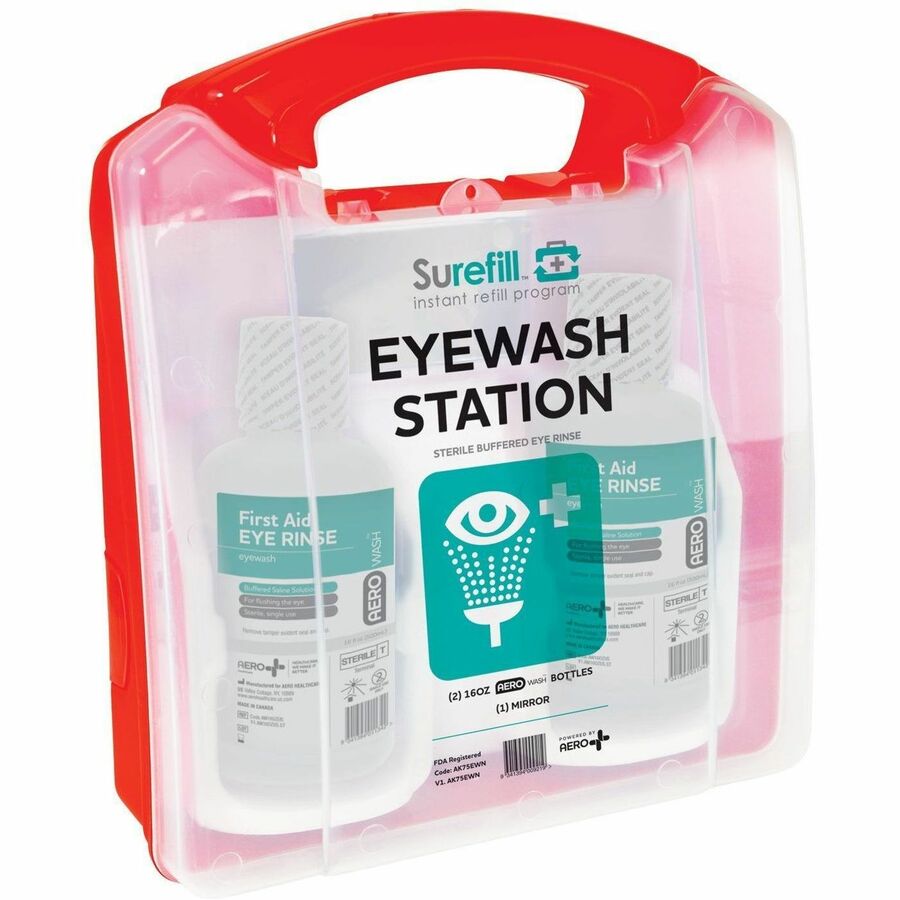 Aero Surefill 75-Series Emergency Eyewash Station, 16 fl oz, 13.5" x 4", Green, Red, Portable, Sterile (AERAK75EWN)