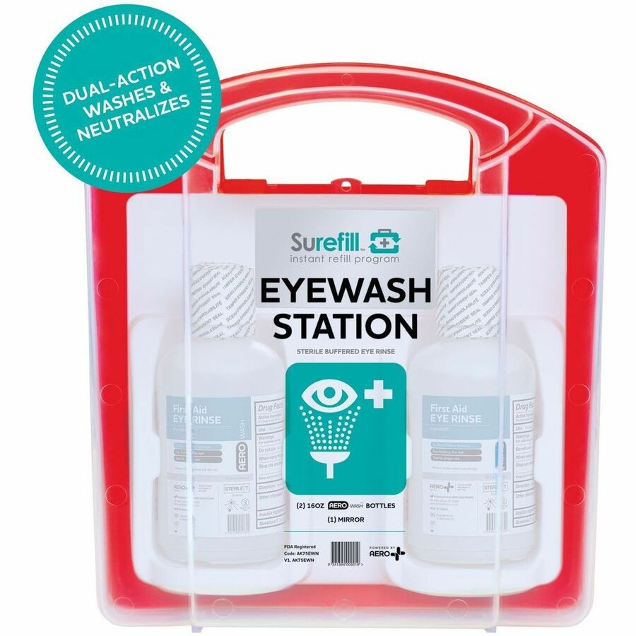 Aero Surefill 75-Series Emergency Eyewash Station, 16 fl oz, 13.5" x 4", Green, Red, Portable, Sterile (AERAK75EWN)