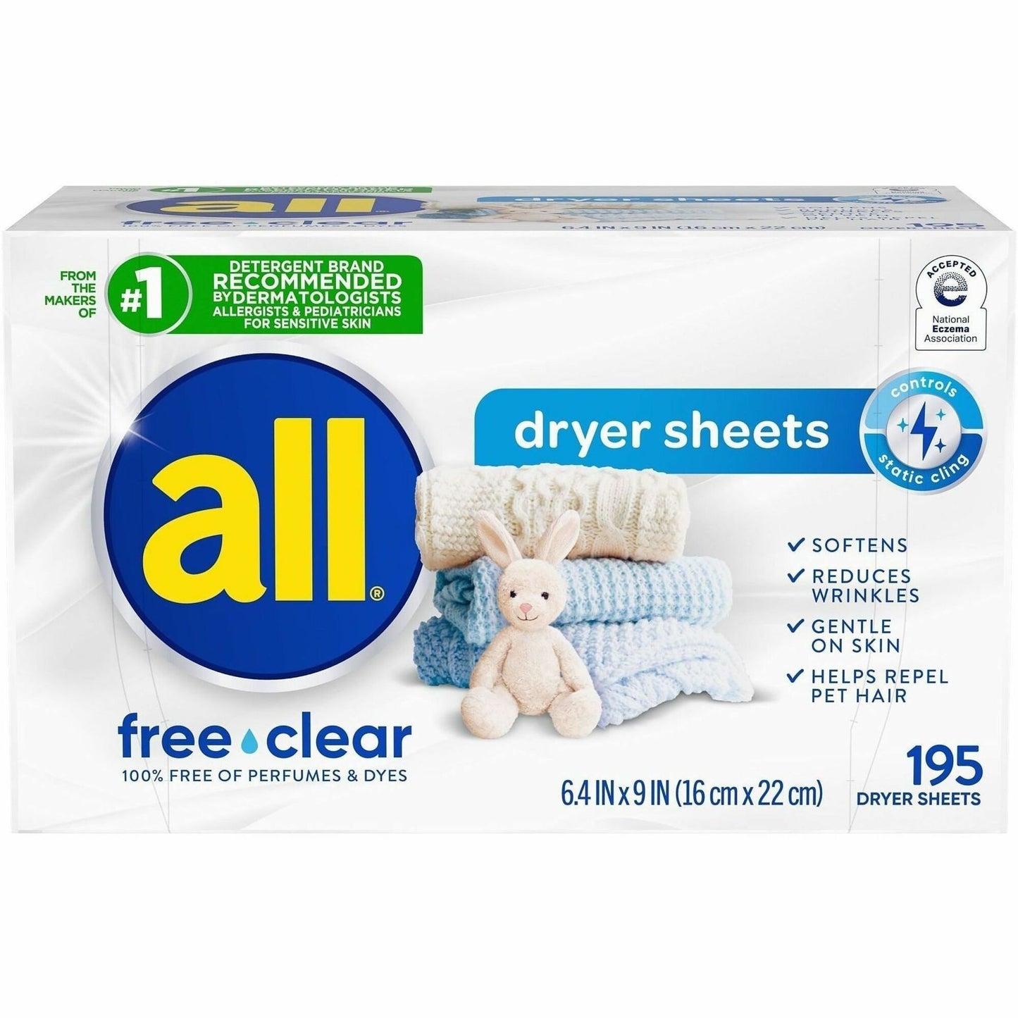 all Free clear Dryer Sheets, Unscented, White, 195 Sheets (DIA47362CT)