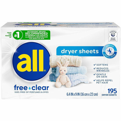 all Free clear Dryer Sheets, Unscented, White, 195 Sheets (DIA47362CT)