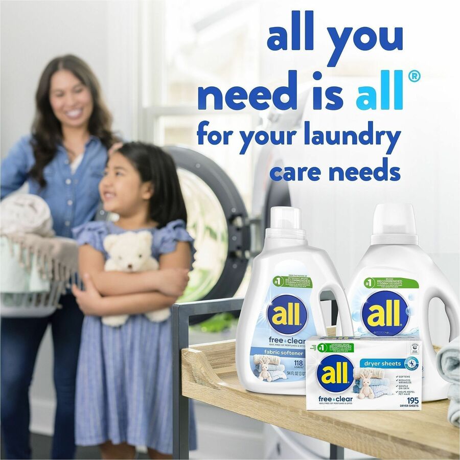 all Free clear Dryer Sheets, Unscented, White, 195 Sheets (DIA47362CT)