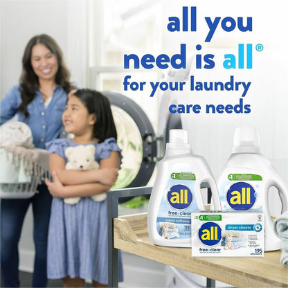 all Free clear Dryer Sheets, Unscented, White, 195 Sheets (DIA47362CT)
